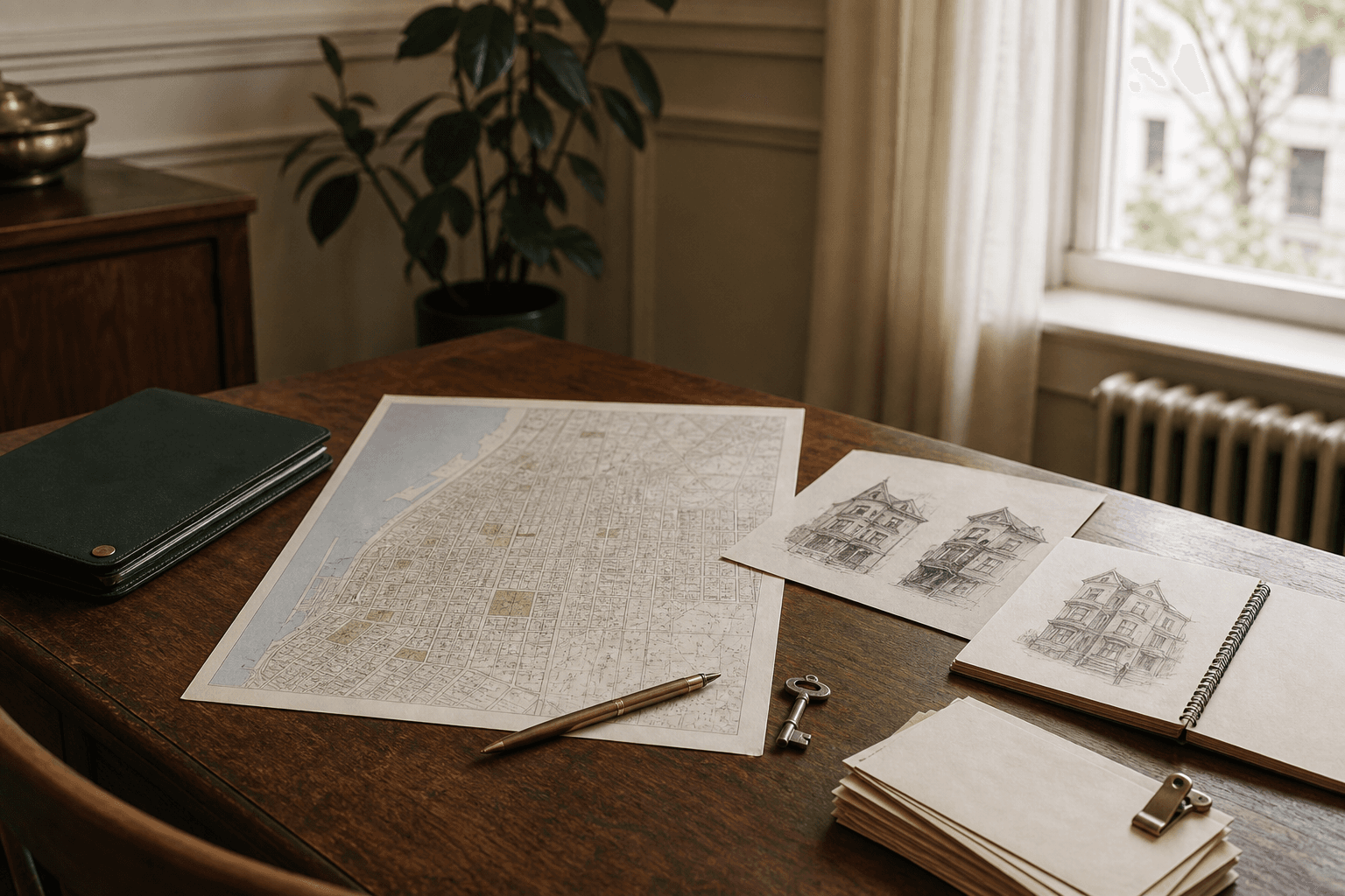 Property notes, map, sketches, keys, and pen on a wood desk