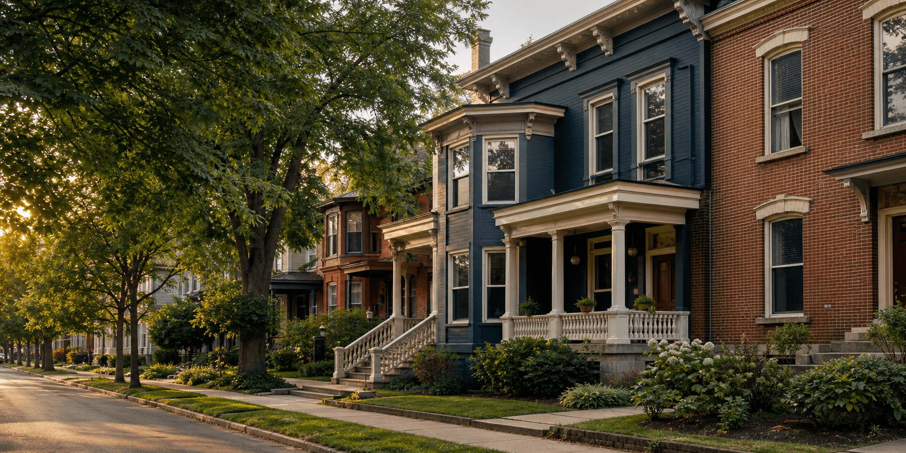 Historic Buffalo multi-family homes in warm evening light