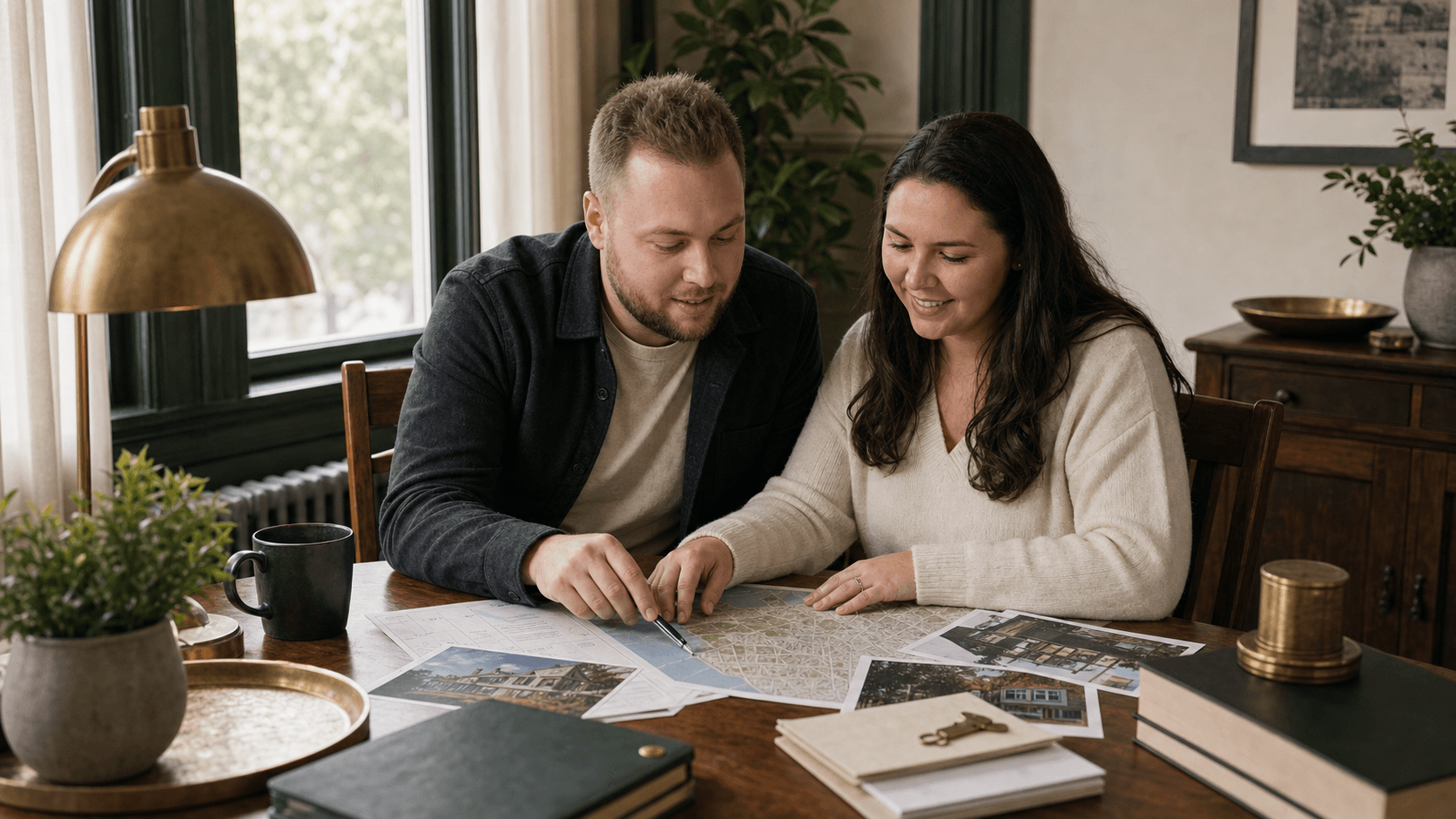 EJ and Kylie reviewing property opportunities at a table